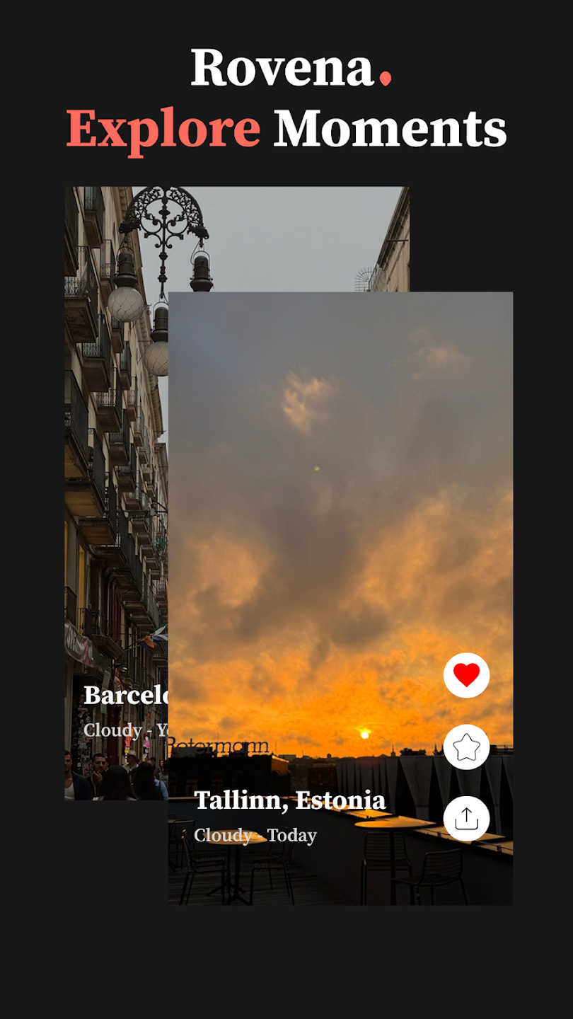 Rovena explore moments screen showing posts from Barcelona and Tallinn